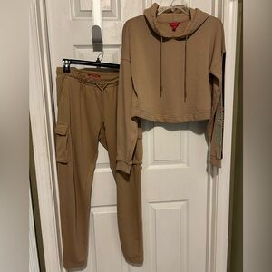 Guess Tan Cropped Hoodie with Cargo Joggers Set